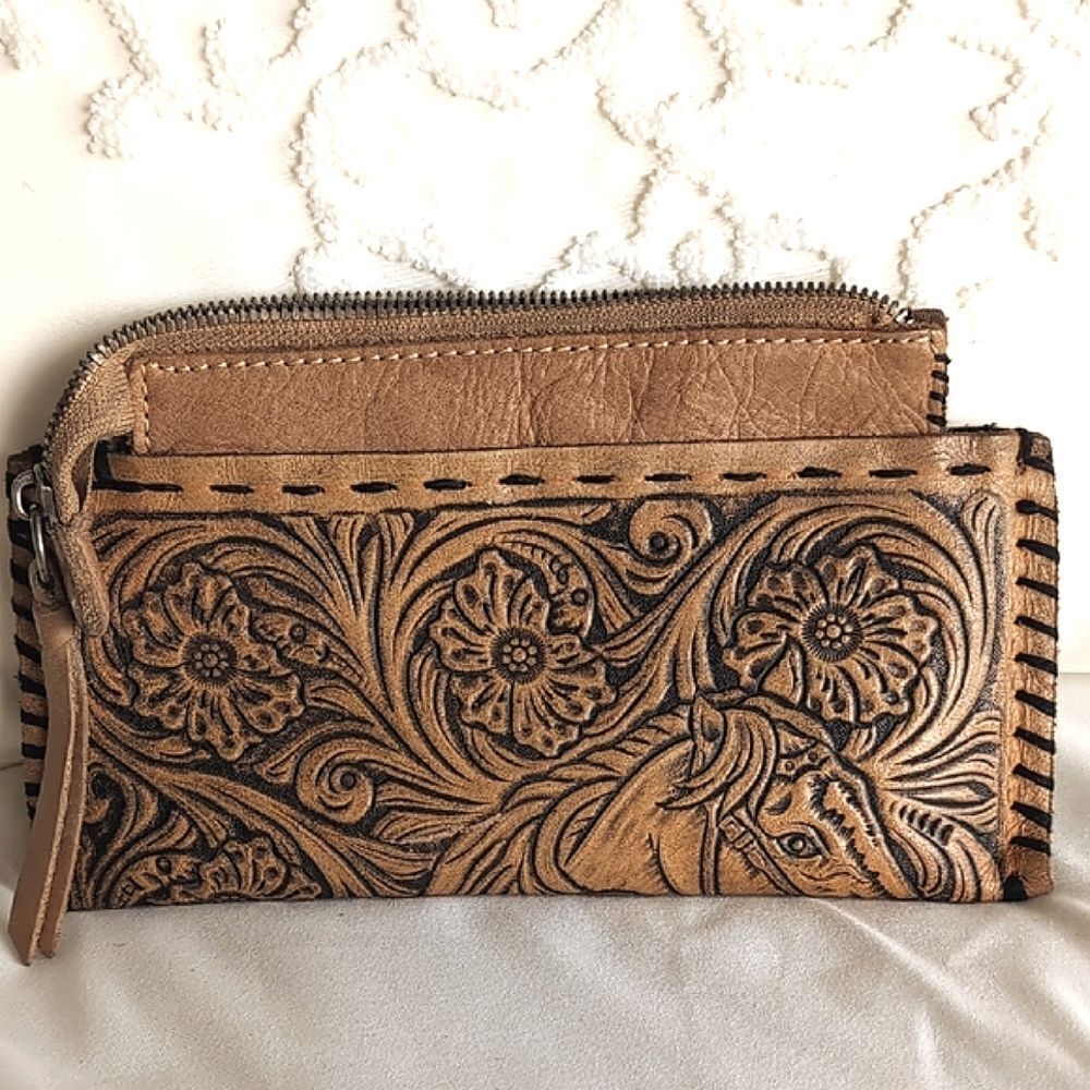 Western Artisan Hand Tooled Leather -Small Zip Pouchette